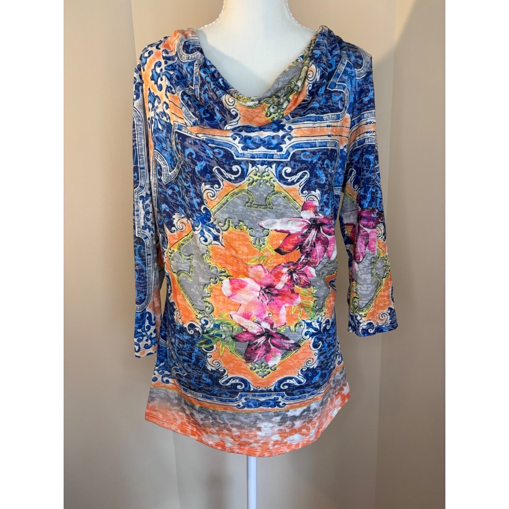 Boho Chic Floral Paisley Cowl Neck Top Blue Orange 3/4 Sleeve Large USA Made